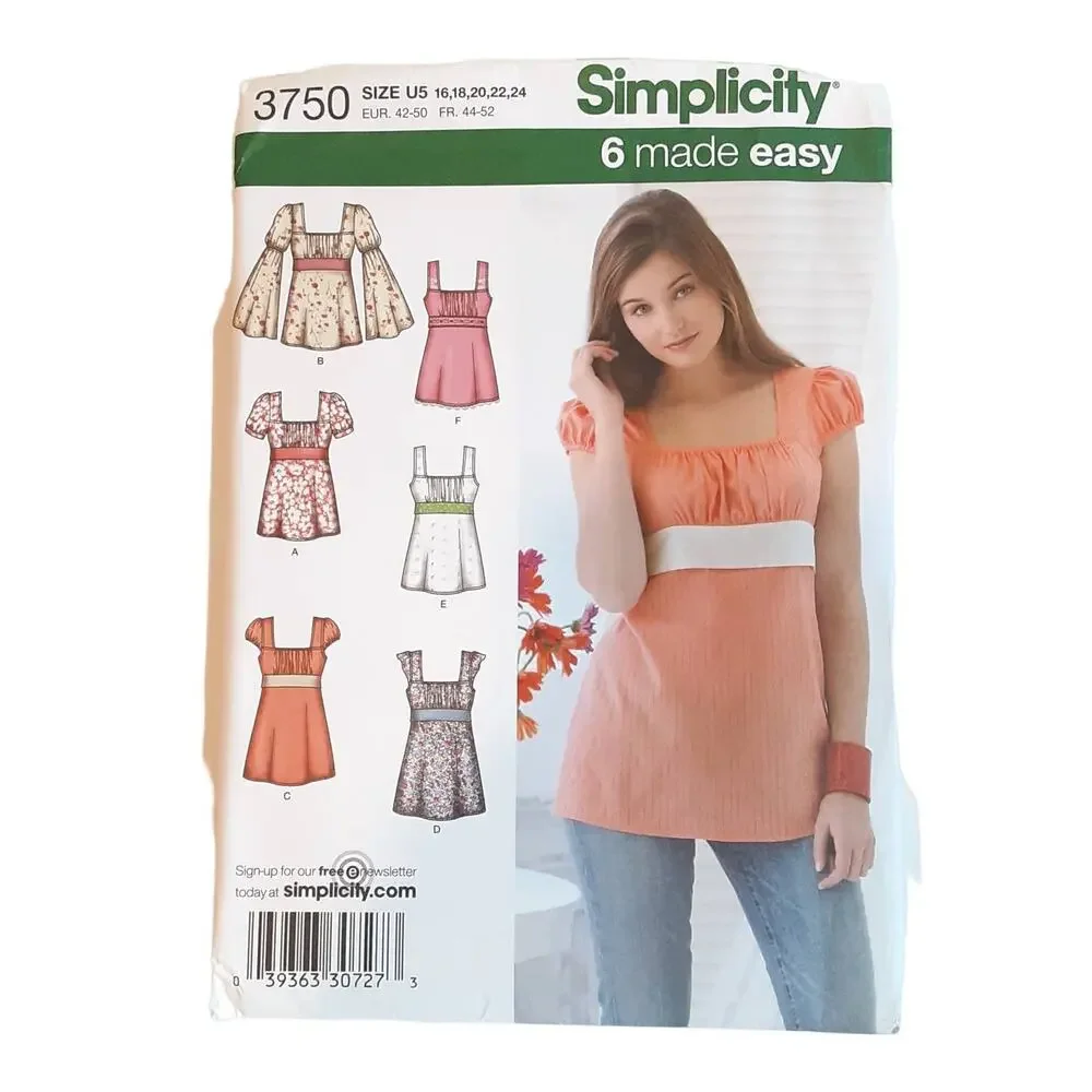 Simplicity 0350 3750 Misses Dress Top Variations Bell Sleeves Sz 16 18 20 22 24